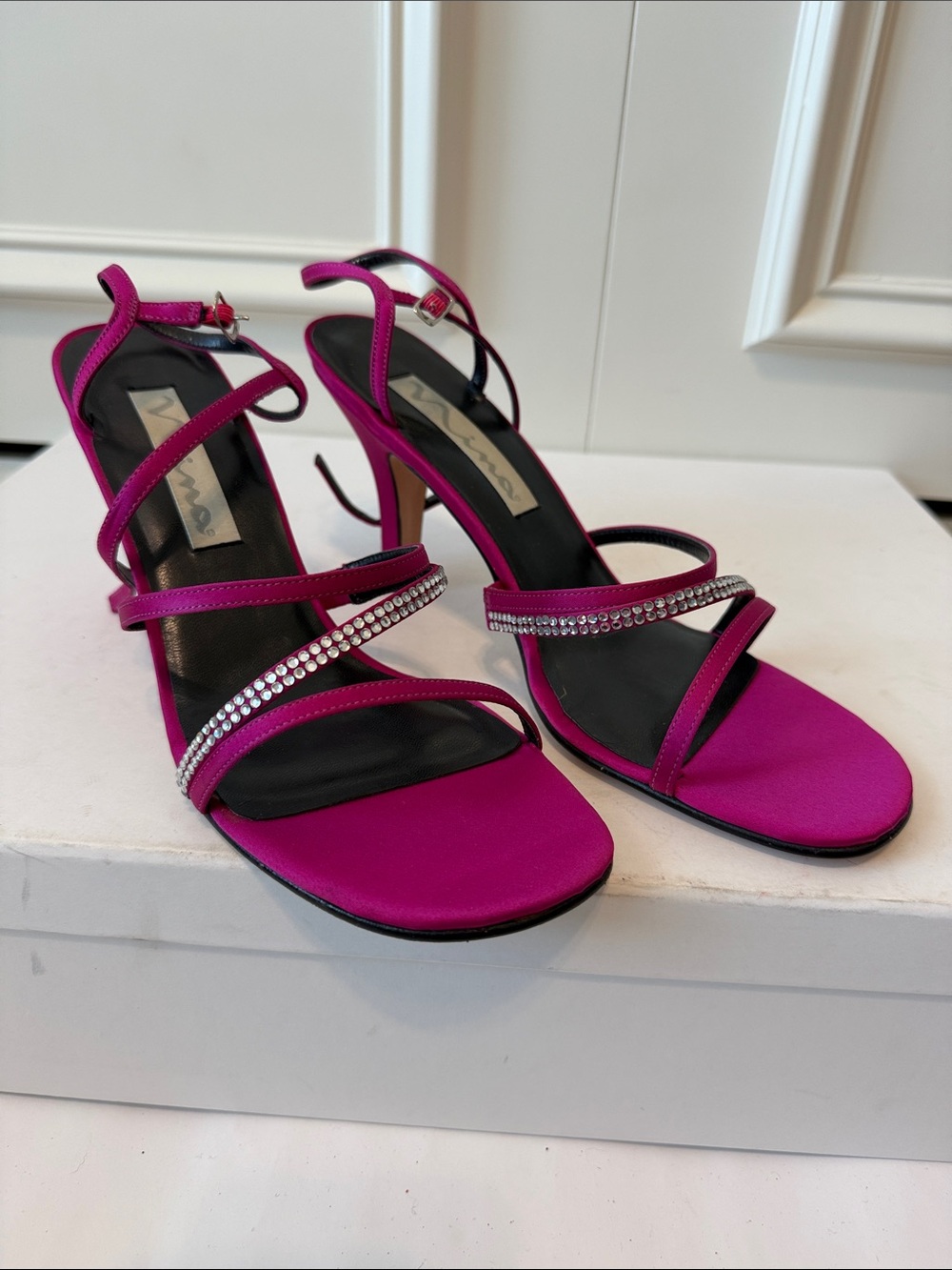 Nina Fuchsia Strappy Rhinestone Heeled Sandals - Women